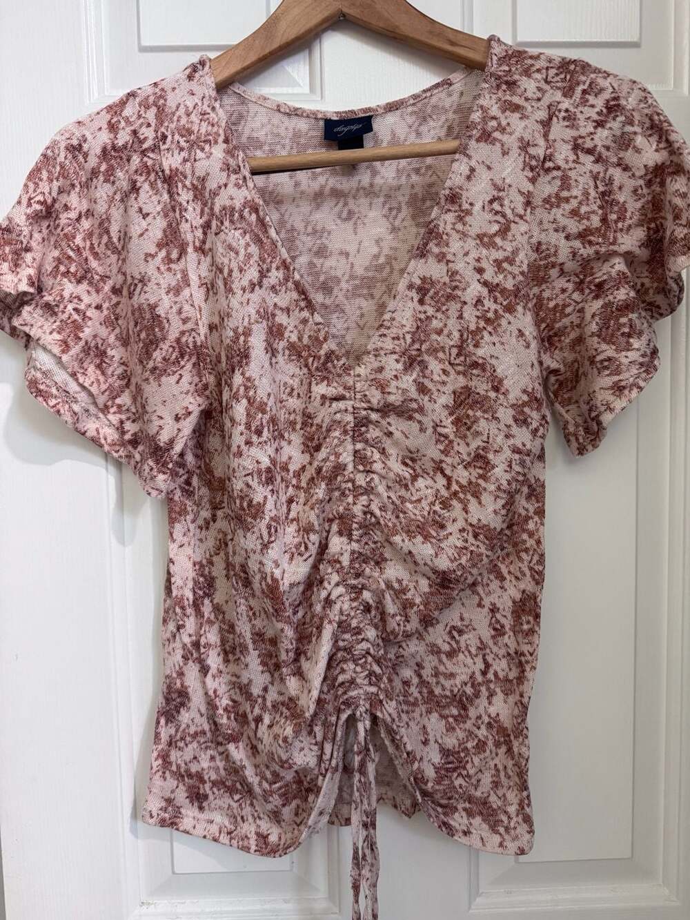 Daytrip Womens Pink Brown Floral Print Drawstring Ruched Short Sleeve Top Size S